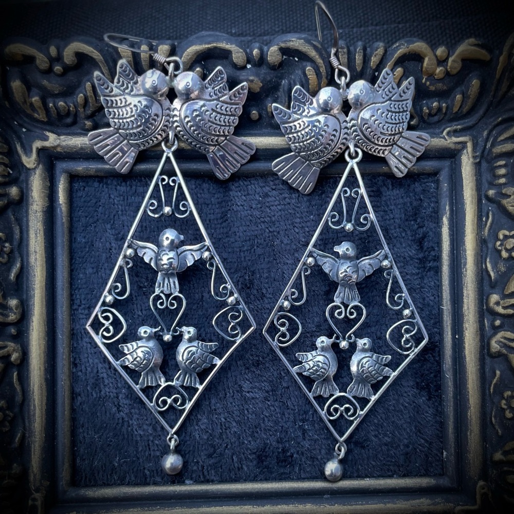 Mexican Sterling Silver Filigree Bird Earrings 925